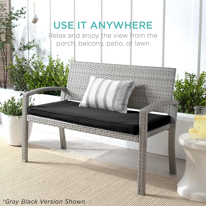 Best Choice Products Outdoor Bench 2-Person Wicker Garden Patio Benches Seating Furniture for Backyard, Porch w/Seat Cushion, 700lb Capacity - Navy/Brown