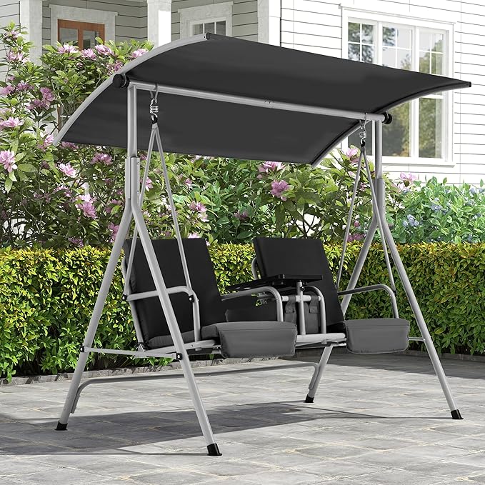 HOMREST 2 Seat Outdoor Porch Swing,Patio Swing with Adjustable Canopy,Heavy Duty 650 LBS Outdoor Swing with Pivot Storage Table & 2 Cup Holders & Cushions for Yard, Lawn, Backyard, (Black)