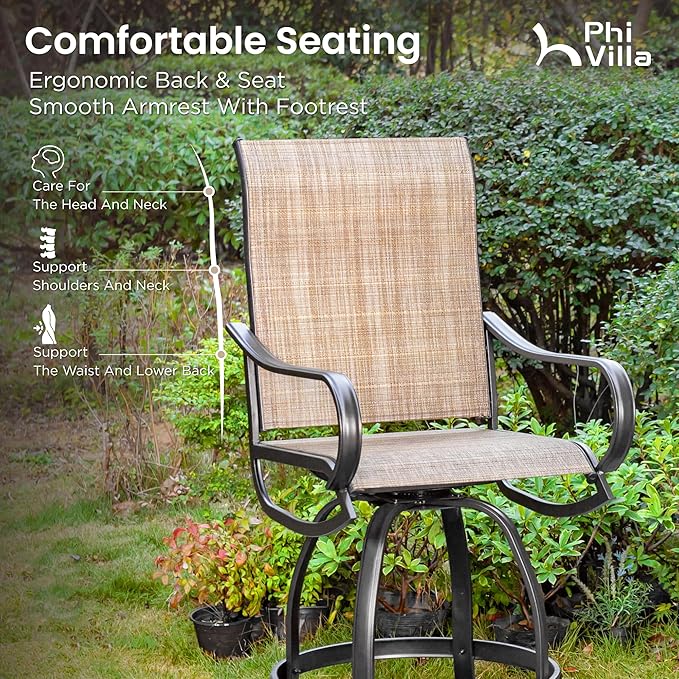 PHI VILLA 7 Piece Outdoor Bar Set, Counter Height Patio Bar Furniture Rectangle Dining Table and 6 Swivel Bar Stools Chairs with Brown Textilene Fabric for Garden,Yard and Deck