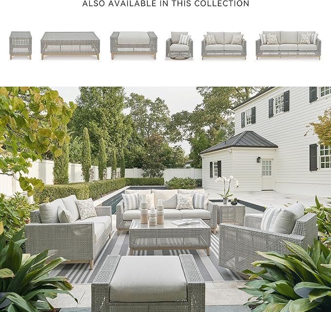Signature Design by Ashley Seton Creek Casual Nuvella Weather Resistant Fabric Outdoor Ottoman with Cushion, Light Gray & Light Brown