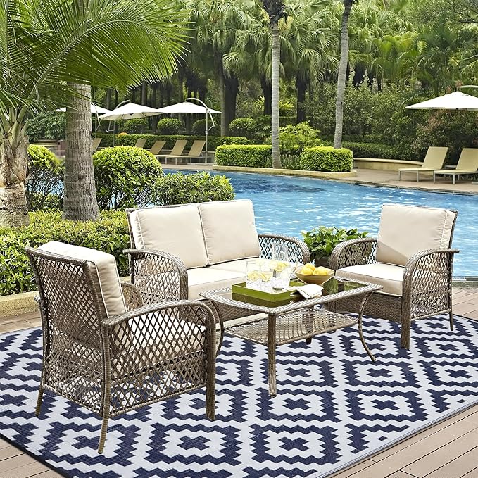 SAND MINE Reversible Mats, Plastic Straw Rug, Modern Area Rug, Large Floor Mat and Rug for Outdoors, RV, Patio, Backyard, Deck, Picnic, Beach, Trailer, Camping, Dark Blue & White, 6' x 9'