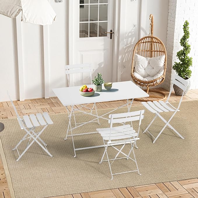 MELLCOM 5-Piece Foldable Patio Dining Set with Rectangular Table and Chairs, Weather-Resistant Iron Outdoor Dining Set for 4 People, Outdoor Table and Chairs for Patio, Yard, Indoor, White