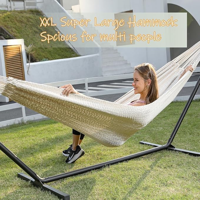 ZEAN Handwoven Hammock by Thick Cotton Rope XL Two Person Hammock for Outside, Patio Backyard Garden 550LB Capacity