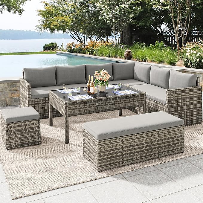 YITAHOME 9-Piece Patio Furniture Set, All-Weather Wicker Outdoor Sectional Sofa with Lift-Top Table & Ottoman, Patio Conversation Set for Deck, Backyard, Porch - Gray Gradient