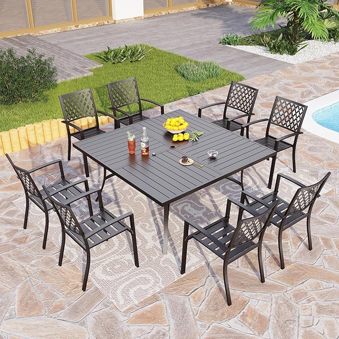 PHI VILLA 9 Piece Outdoor Dining Set for 8, 60" Metal Square Table with Umbrella Hole & Stackable Wrought Iron Chairs, All Weather Large Furniture Set for Patio, Deck, Backyard, Porch - Black
