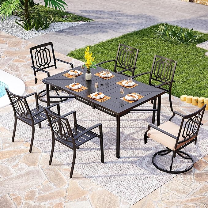 PHI VILLA 7 Pieces Outdoor Dining Set for 6, 60” Black Rectangular Metal Table with Umbrella Hole & Fixed Swivel Chairs Combo, Heavy-Duty Furniture for Patio, Deck, Backyard, Porch