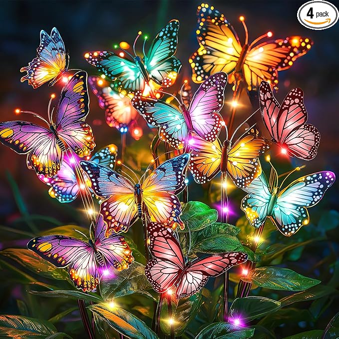 Solar Lights Outdoor Garden Decor: 4 Pack 68 Silk Butterflies with 88 Color-Changing LEDs - Auto On/Off 12H Magical Lighting IP65 Waterproof for Yard Patio Pathway - Unique Gifts for Mom Grandma