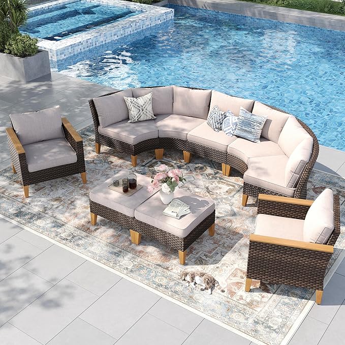 PHI VILLA 7-Piece Wicker Patio Furniture Set, Outdoor Half-Moon Curved Sectional Sofa with Thick Beige Cushions, 2 Ottomans, 2 Single Seats, Large Conversation Seating for Garden or Backyard