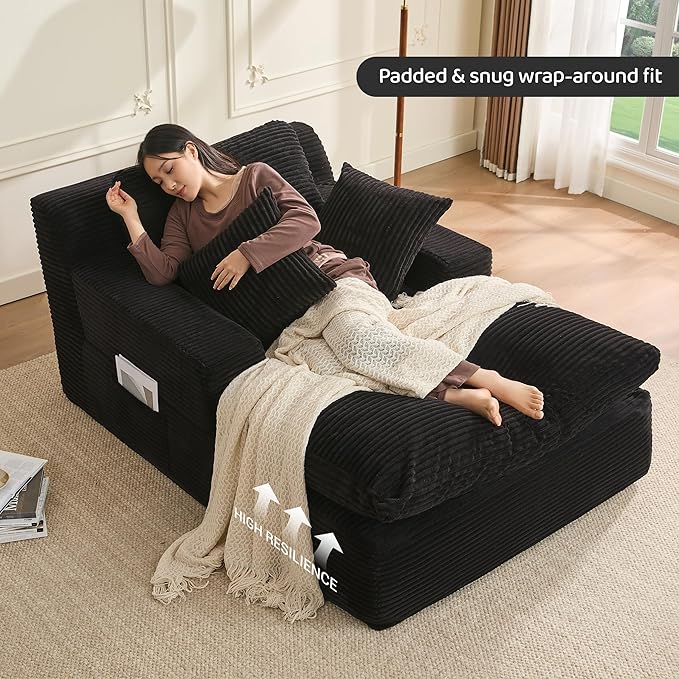 63" Chaise Lounge Chair Indoor, Set of Convertible Sleeper Sofa Couch with Throw Pillows & Side Pockets, Corduroy Upholstered Oversized Sofa Bed with Armrests for Living Room Bedroom, Black