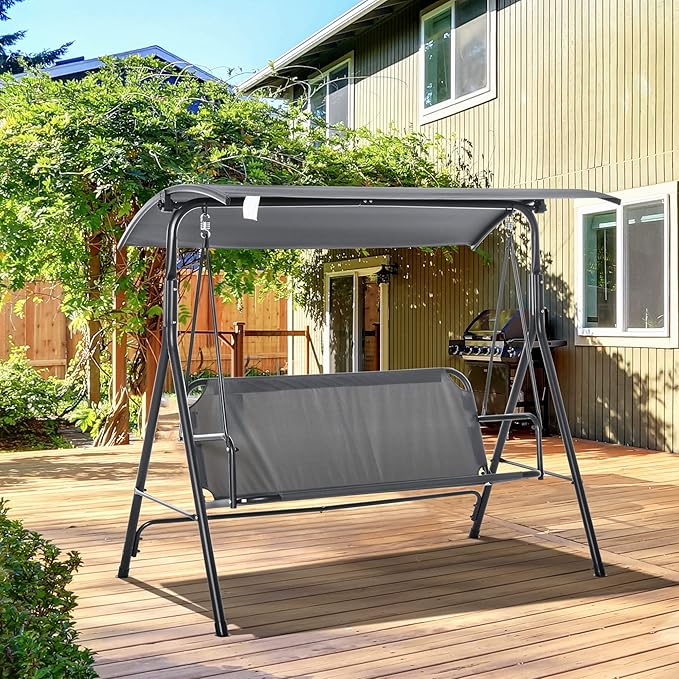 Outsunny 3-Person Porch Swing with Stand, Outdoor Swing for Patio Porch with Adjustable Tilt Canopy and Comfortable Swing Bench-Style Seat, Steel Frame, Gray