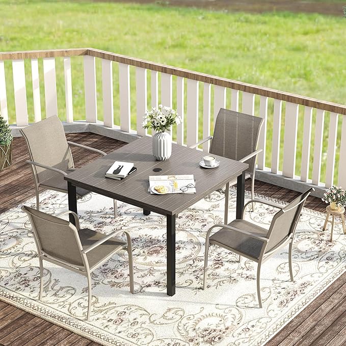VICLLAX Outdoor Dining Set for 4, 5 Pieces Patio Dining Furniture Set with Umbrella Hole- 40.2" Patio Table and Chairs for Balcony, Garden and Deck, Grey Wood Grain Tabletop