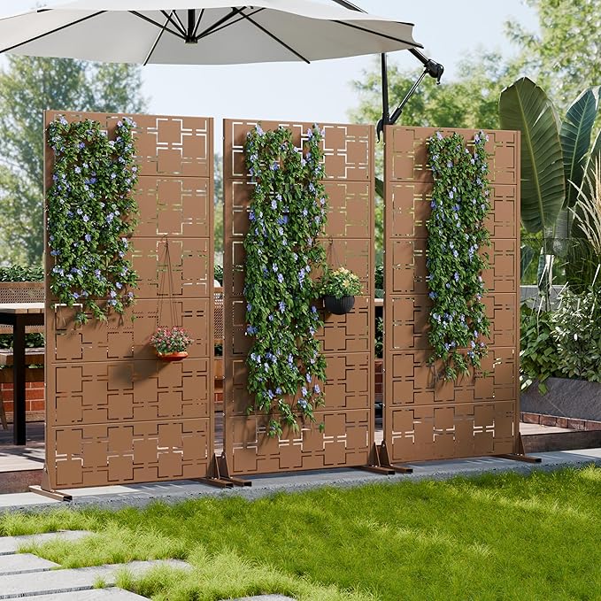 Casaphoria Metal Privacy Screen Outdoor, 60" H x 30" W Freestanding Decorative Privacy Screen for Patio Deck Balcony Garden with Stable Base, Brown-Square