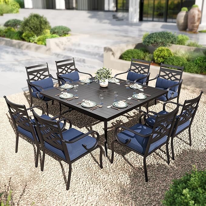 PHI VILLA 9 Pieces Outdoor Dining Set for 8, 60" Square Black Metal Table with Umbrella Hole & Wrought Iron Chairs, All Weather Outside Furniture with Blue Cushions & Pillows for Patio, Deck, Porch