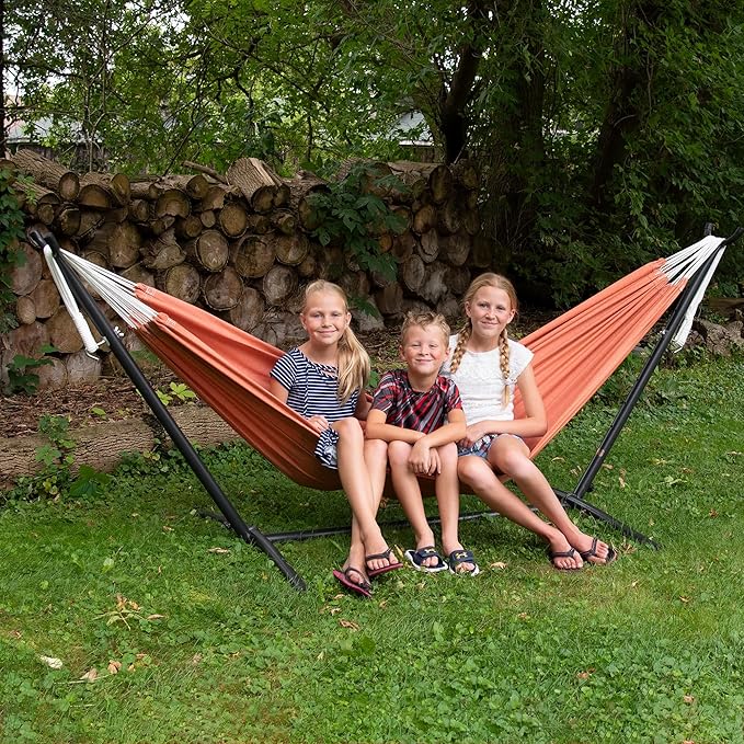 Vivere Double Sunbrella Hammock with Space-Saving Steel Stand, Heavy-Duty Portable Outdoor Hammock Set for Backyard, Patio, or Travel, Coral