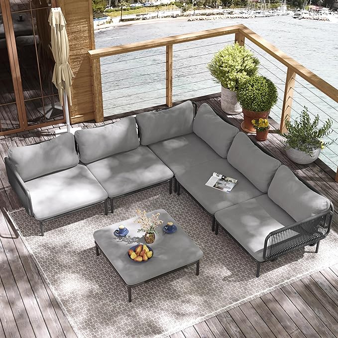 6-Piece Patio Furniture Set, 31" Oversized Outdoor Sectional Sofa with Olefin Woven Rope, Weather-Resistant Metal Frame Conversation Set for Backyard, Garden, Poolside - Dark Grey