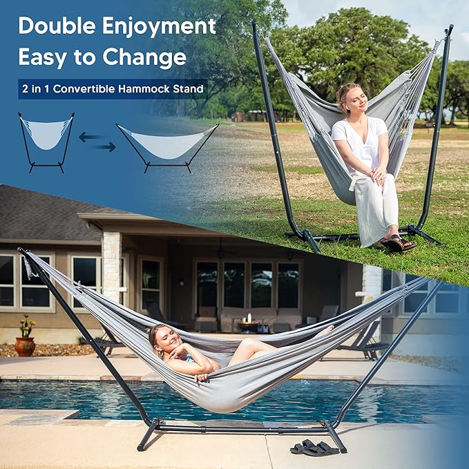 SUNCREAT 2-in-1 Convertible Extra Large Hammocks with Stand, Heavy Duty 2 Person Hammock for Outside with Stand, Patented, Light Gray