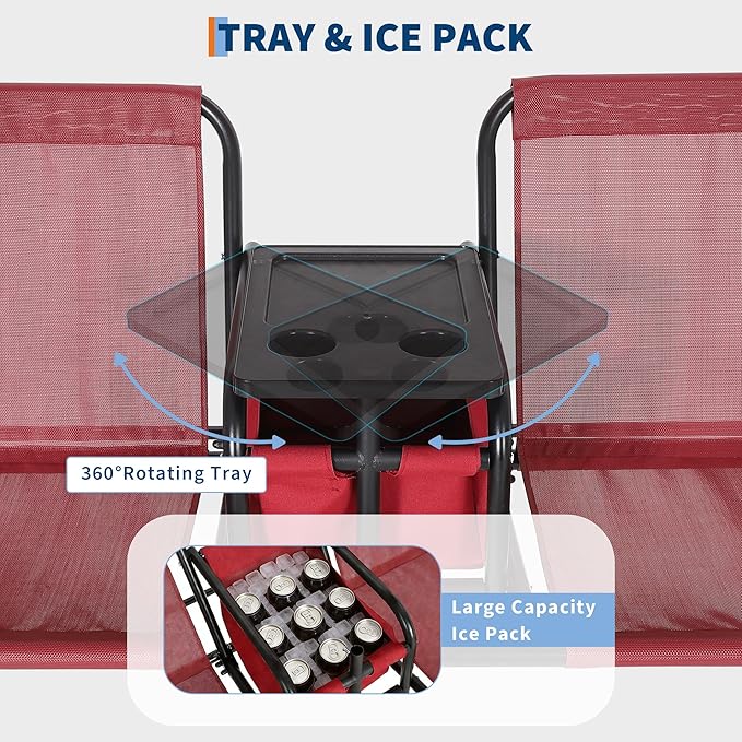 Porch Swing with Cup Holders & Pivot Storage Table & Cooler Bag with Adjustable Canopy for 2 Person Patio Swing for Backyard Balcony Poolside Red