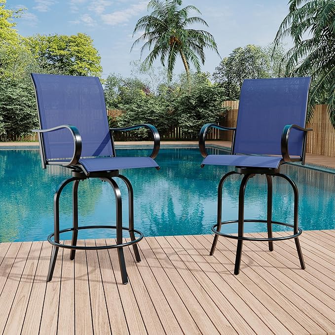 GarveeLife 2 Piece Outdoor Swivel Bar Chairs, Patio High Swivel Bar Stools, All Weather High Back and Armrest Patio Chairs, Outdoor Rotating BarChair Counter Height for Deck Lawn Garden Backyard