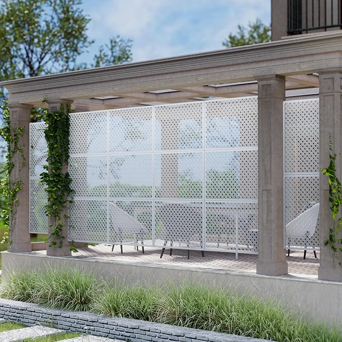 Casaphoria 72" H x 35" W Metal Outdoor Privacy Screen, Freestanding Decorative Divider for Patio, Deck, Balcony, and Garden with Stable Base, White-Jason