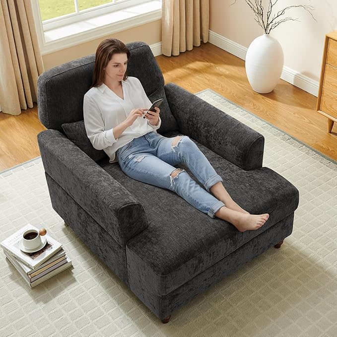 Chaise Lounge Chair Indoor with Adjustable Backrest, Upholstered Mid-Century Reading Chair, Oversized Accent Armchair for Living Room & Bedroom, Comfy Single Sofa Chair, Modern Living Room Chair