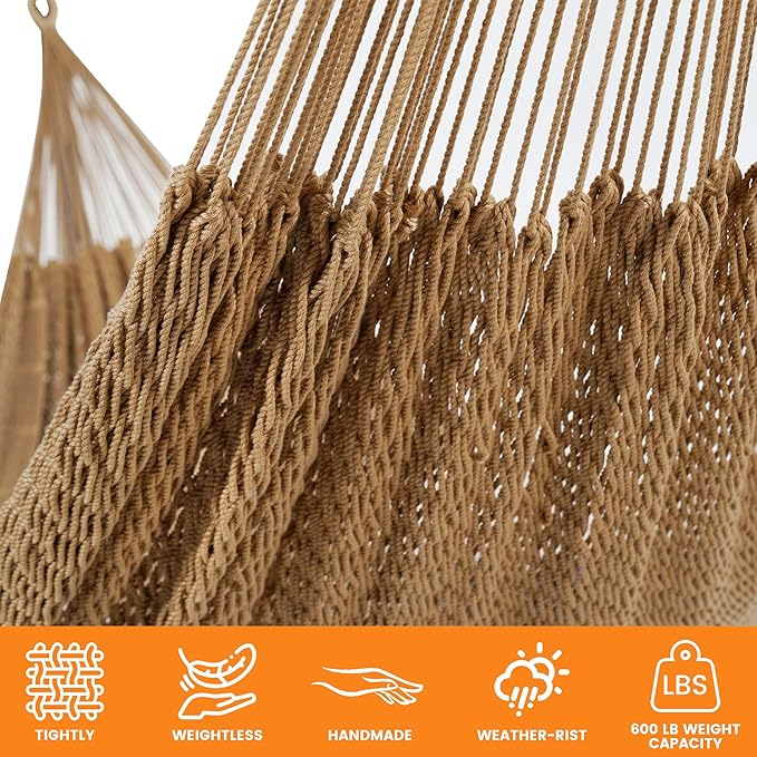Lazy Daze Hammocks Handwoven Mayan Hammock, 10.5 FT Soft Rope Double Hammocks, Portable Outdoor Hammock with Carry Bag, 2 Straps & Carabiners for Patio Outside, 550 lbs Weight Capacity, Tan