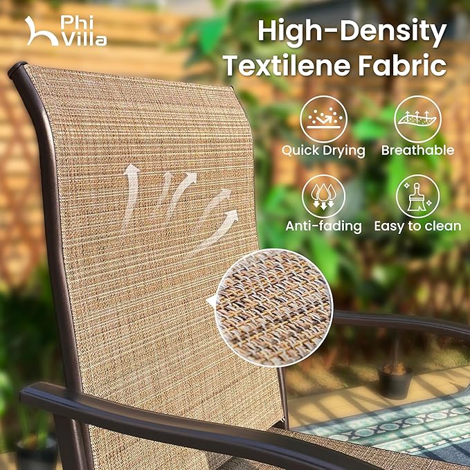PHI VILLA 5 Piece Outdoor Bar Set with Swivel Patio Bar Stools, Patio Bar Bistro Table and Chairs with Brown Textilene Fabric & Square Bar Table for Deck, Balcony and Garden