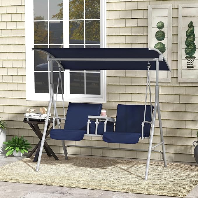 Outsunny 2 Person Porch Swing with Stand, Outdoor Swing with Canopy, Pivot Storage Table, 2 Cup Holders, Cushions for Patio, Backyard, Dark Blue