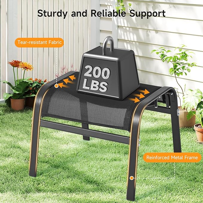 ONBRILL Outdoor Ottoman Foot Rest Set of 2, Textilene Fabric Outdoor Footstool with Tight Surface and Stable Metal Frame, Wide Use Outdoor Ottomans for Patio, Balcony, Poolside and Indoors, Black