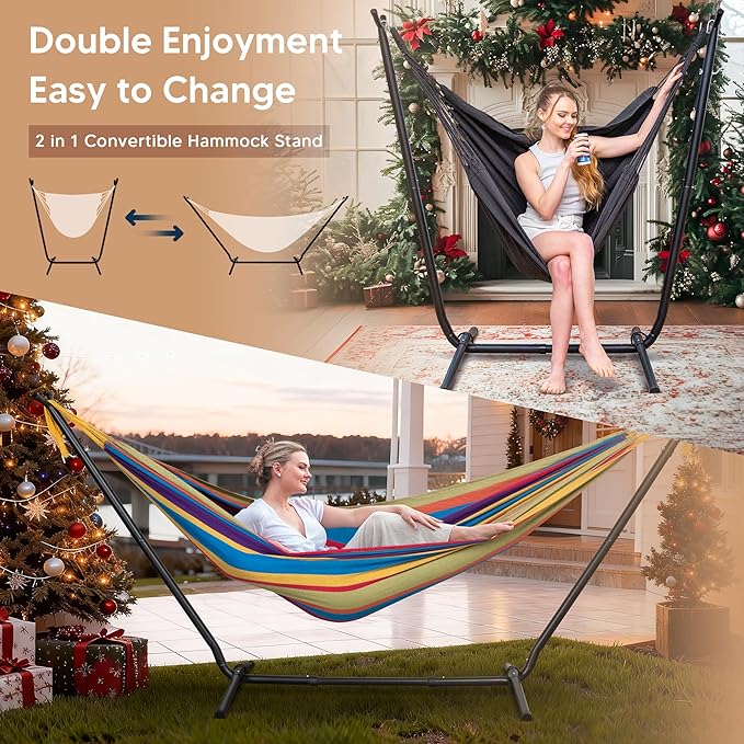 SUNCREAT 2-in-1 Convertible Backyard Fabric Hammock with Stand, Large Hammocks for Outside, Patented, Purple Stripe