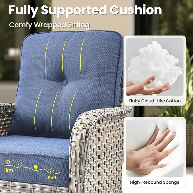 ovios 9-Piece Patio Furniture Set with L-Shape Sofa Chaise, Outdoor Sectional Couch Swivel Gliders Fire Pit Table, Modern Modular Wicker Rattan Conversation Set, Denim Blue