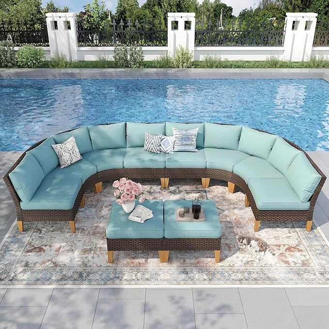 PHI VILLA 8-Piece Half-Moon Patio Furniture Set, Outdoor Wicker Sectional Sofa with Thick Aqua Blue Cushions, 2 Ottomans, Large Curved Conversation Seating for Garden or Backyard