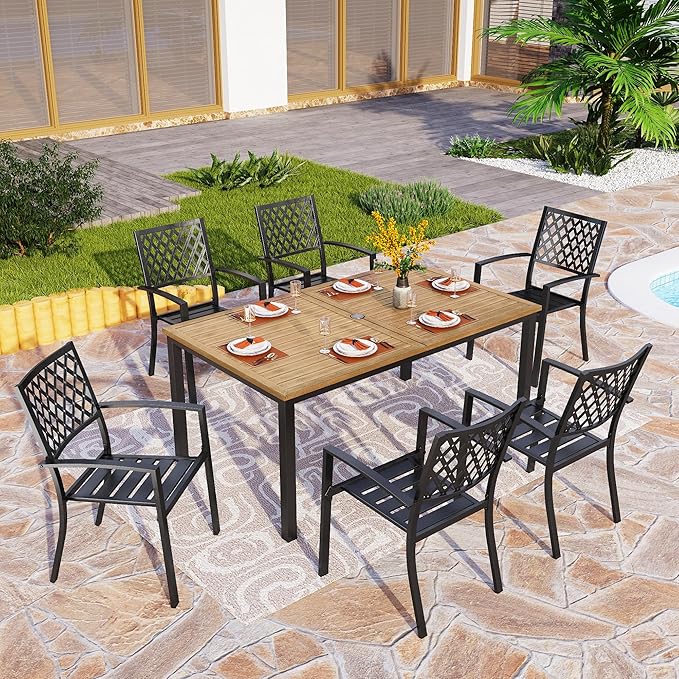 PHI VILLA 7 Pieces Outdoor Dining Set for 6, 65” Brown Wood-Like Metal Steel Table & Stackable Black Iron Chairs, Outside Furniture Set with Umbrella Hole for Patio, Deck, Yard, Porch