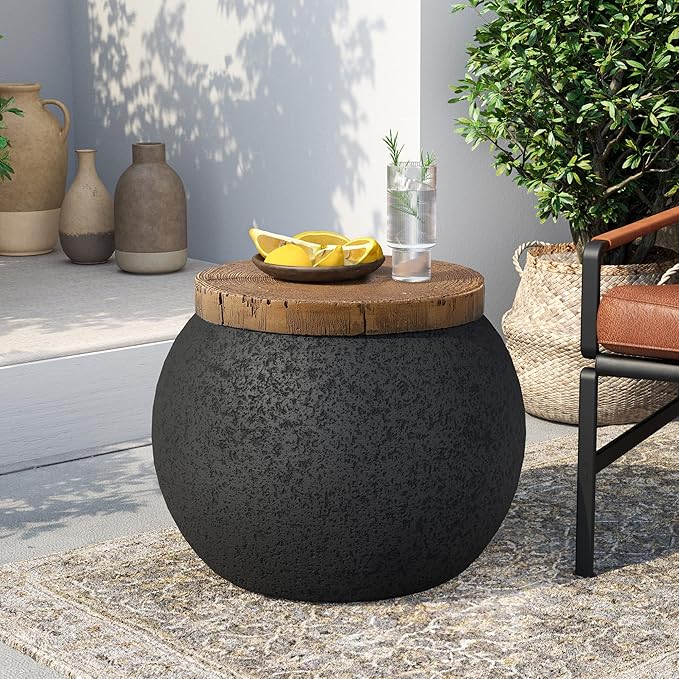 SUNBURY Outdoor Side Table Set of 2, 14" W Outdoor End Accent Side Table, Patio Decorative Garden Stool Wooden-Look Top for Livingroom, Garden, Backyard