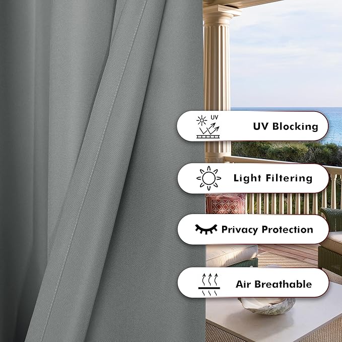 BONZER Extra Wide Waterproof Outdoor Curtains for Patio Heavy Privacy Light Filtering Grommet Outside Curtains for Porch, Pergola, Gazebo, 1 Panel, 150W x 95L inch, Grey