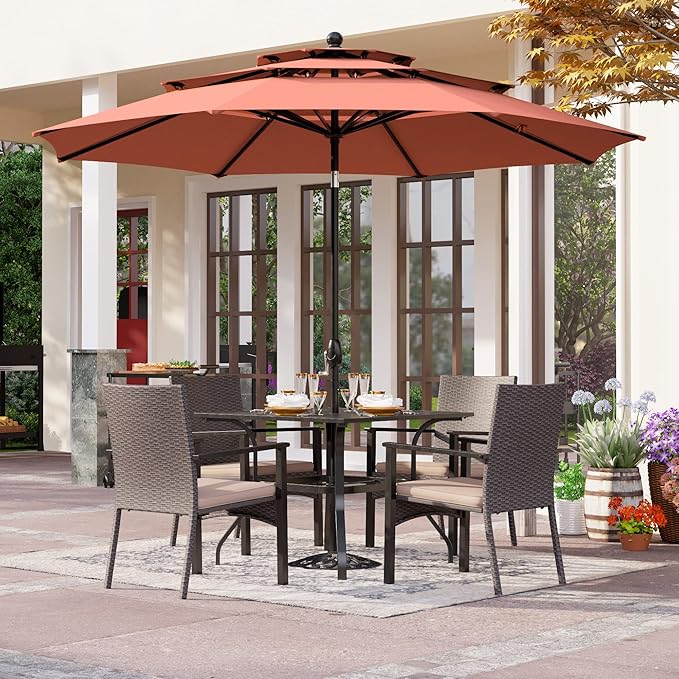 PHI VILLA 5 Pieces Outdoor Dining Set with Umbrella for 4, 37" Square Metal Dining Table & 4 Cushioned Wicker Rattan Chairs with 10ft Red Umbrella for Patio, Deck, Yard, Porch