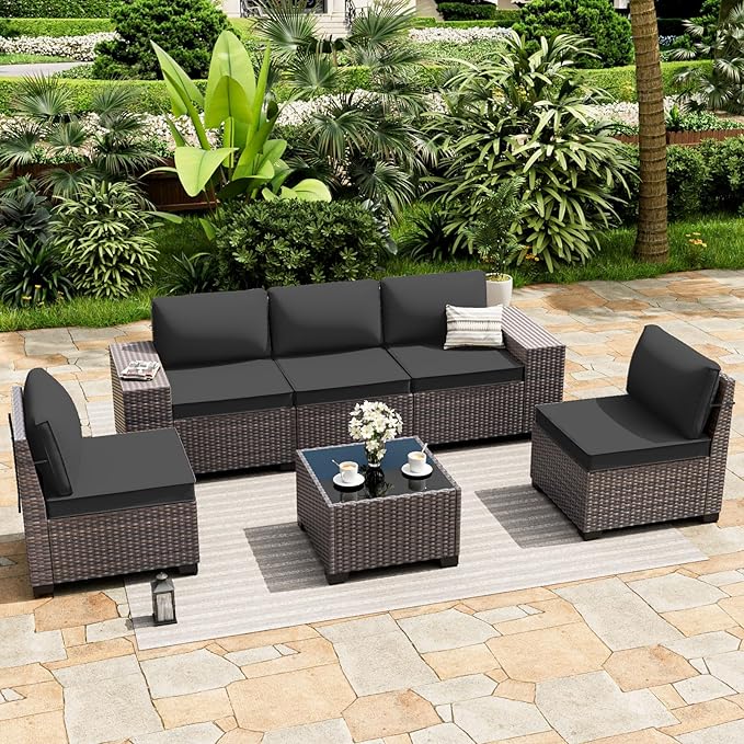 ALAULM 6 Pieces Patio Furniture Set, Oversized Seat/Armrest and High Back Wicker Sectional Furniture Set with Thick Cushion for Backyard, Garden, Black