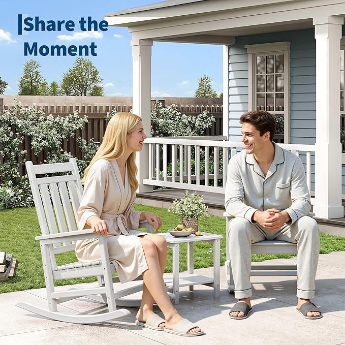 HDPE Rocking Chair Outdoor- Poly High Back Porch Rocker Chairs for Adults - All Weather Resistant Furniture for Patio Front Porch - White