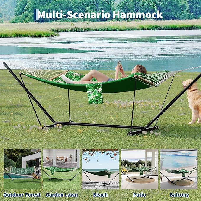 Portable 2 Person Double Hammock with Sturdy Heavy-Duty Steel Stand – 450LBS Max Load, Quick & Effortless Assembly, Perfect for Indoor Living, Yard, Patio & Camping Trips