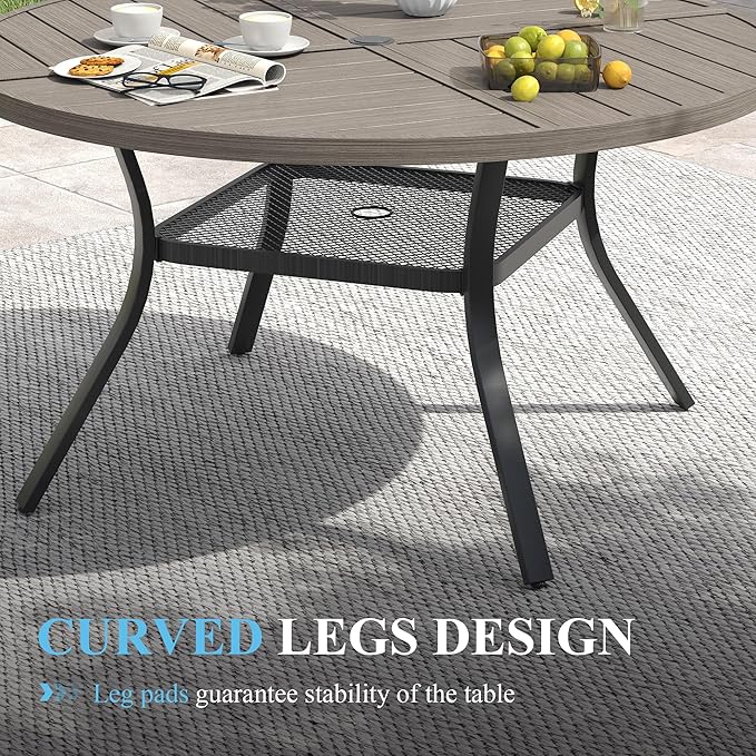 VICLLAX Patio Table and Chair Set of 6, All Weather Metal Round Outdoor Dining Furniture Set-47 Round Outdoor Table and Chairs, Grey Wood Grain Tabletop