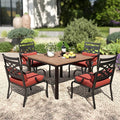 PHI VILLA 5 Pieces Outdoor Dining Set for 4, 42" Square Brown Metal Table with Umbrella Hole & Wrought Iron Chairs, All Weather Outside Furniture with Red Cushions & Pillows for Patio, Deck, Porch