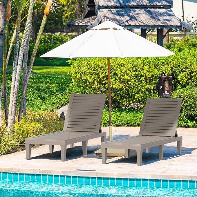 ROJIK Outdoor Chaise Lounge Chair Set of 2,with 5-Position Adjustable Backrest,Waterproof & Lightweight | Durable Indoor/Outdoor Patio Lounger Chair for Garden Pool Beach,Grey