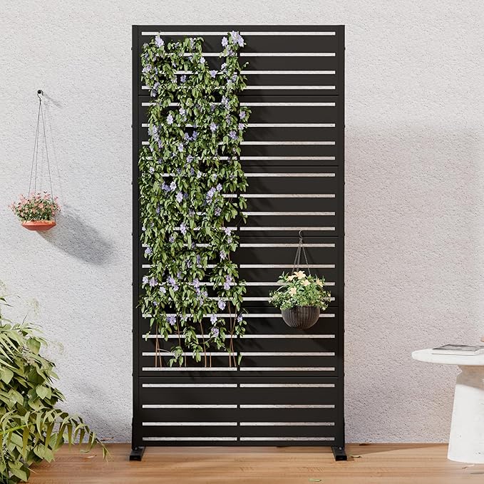 Casaphoria Metal Privacy Screen Outdoor, 72" H x 35" W Freestanding Decorative Privacy Screen for Patio Deck Balcony Garden with Stable Base, Black-Benjamin