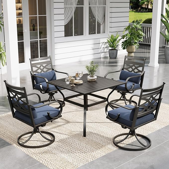 Sophia and William Swivel Outdoor Patio Dining Set for 4, Outdoor Table and Chairs, Removable Seat Cushions, Black 37" Patio Dining Table,Blue