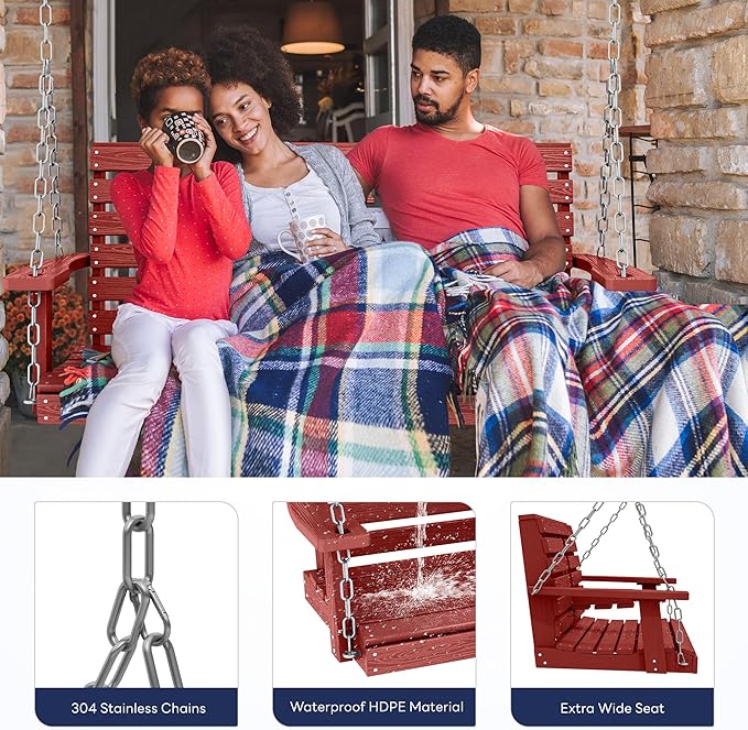 KINGYES Outdoor Hanging Porch Swing Set of 4, 2 Seat Patio Chair With Cup Holders, Waterproof Bench for Courtyard & Garden, 660LBS Weight Capacity, Red