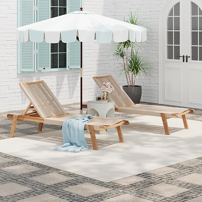 Christopher Knight Home Set of 2 Outdoor Patio Wood Adjustable Chaise Lounges with Rope Seating, Rope Chaise Lounge with Acacia Wood Frame, Chaise Lounge for Poolside, Balcony, Yard, Teak+Beige