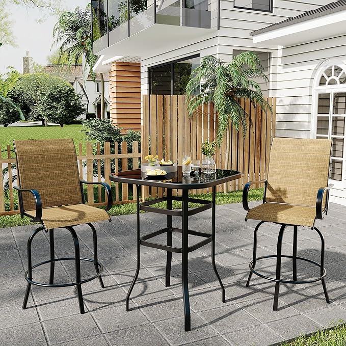 Outdoor Patio Bar Table, 31.5 Inch Tempered Glass Bistro High Top Table All Weather Metal Frame for Deck, Porch, Poolside, Garden
