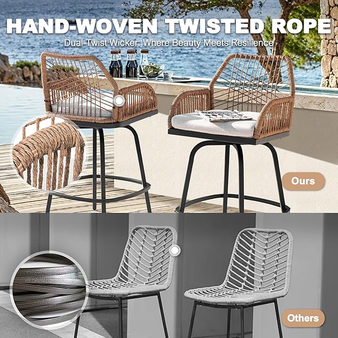NUU GARDEN 3-Piece Patio Bar Set, All Weather Rattan Swivel Stools 360 Degree Swivel, Outdoor High Top Table and Chairs for Backyard, Balcony, Garden and Poolside, Black and Beige