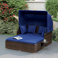 ORALNER Outdoor Daybed, 2-Person Wicker Patio Sofa with Retractable Canopy, Cushions & Pillows, 2 Side Trays, PE Rattan Double Sunbed for Deck Poolside Garden Balcony Backyard (Navy, Mix Brown)