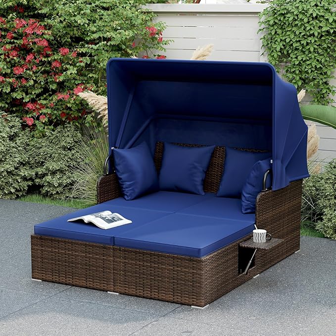ORALNER Outdoor Daybed, 2-Person Wicker Patio Sofa with Retractable Canopy, Cushions & Pillows, 2 Side Trays, PE Rattan Double Sunbed for Deck Poolside Garden Balcony Backyard (Navy, Mix Brown)