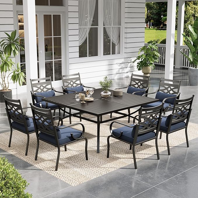 Sophia and William Outdoor Patio Dining Set for 8, Outdoor Table and Chairs, Removable Seat Cushions, Black 37" Patio Dining Table,Blue